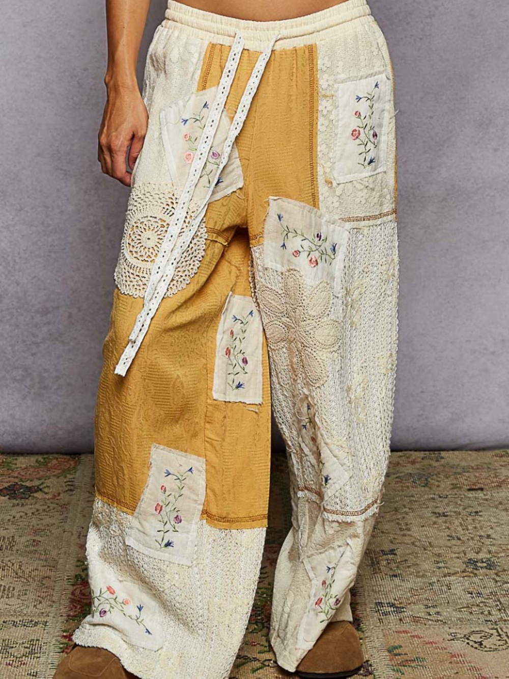 POL PANTS Honey Gold Patch Detail Pants with embroidered detail